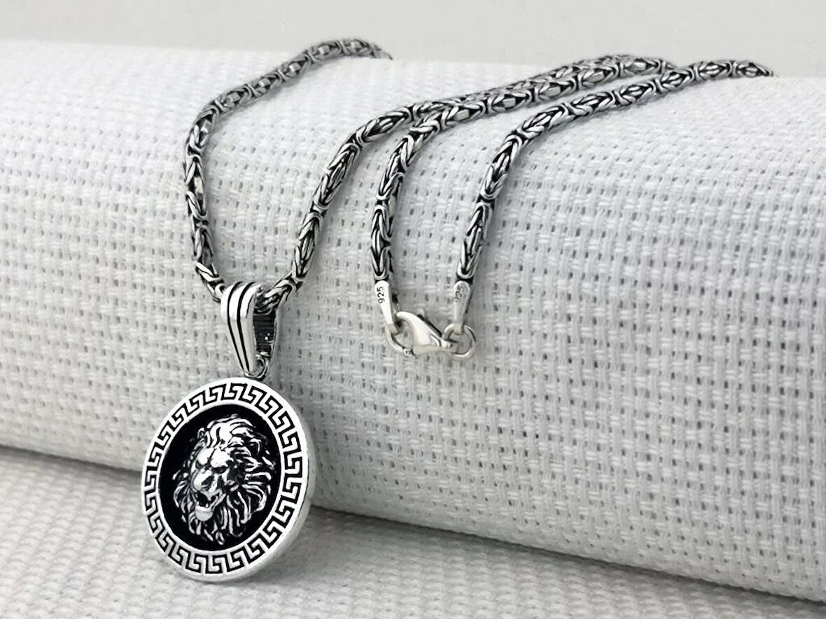Yuvarlak Aslan Figürlü Kral Zincirli 925 Ayar Gümüş Erkek Kolye