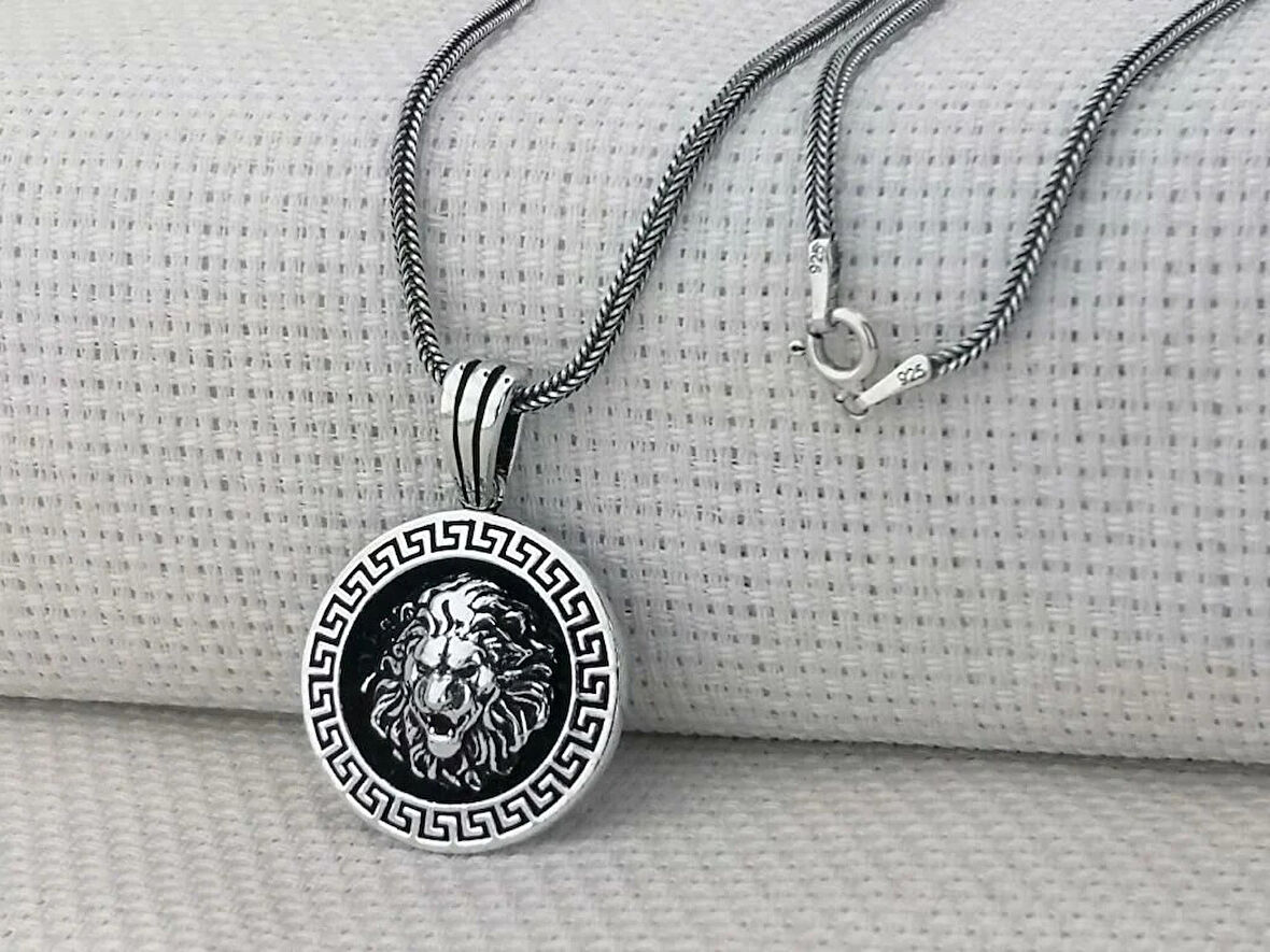 Aslan Figürlü Kral Zincirli Yuvarlak 925 Ayar Gümüş Erkek Kolye