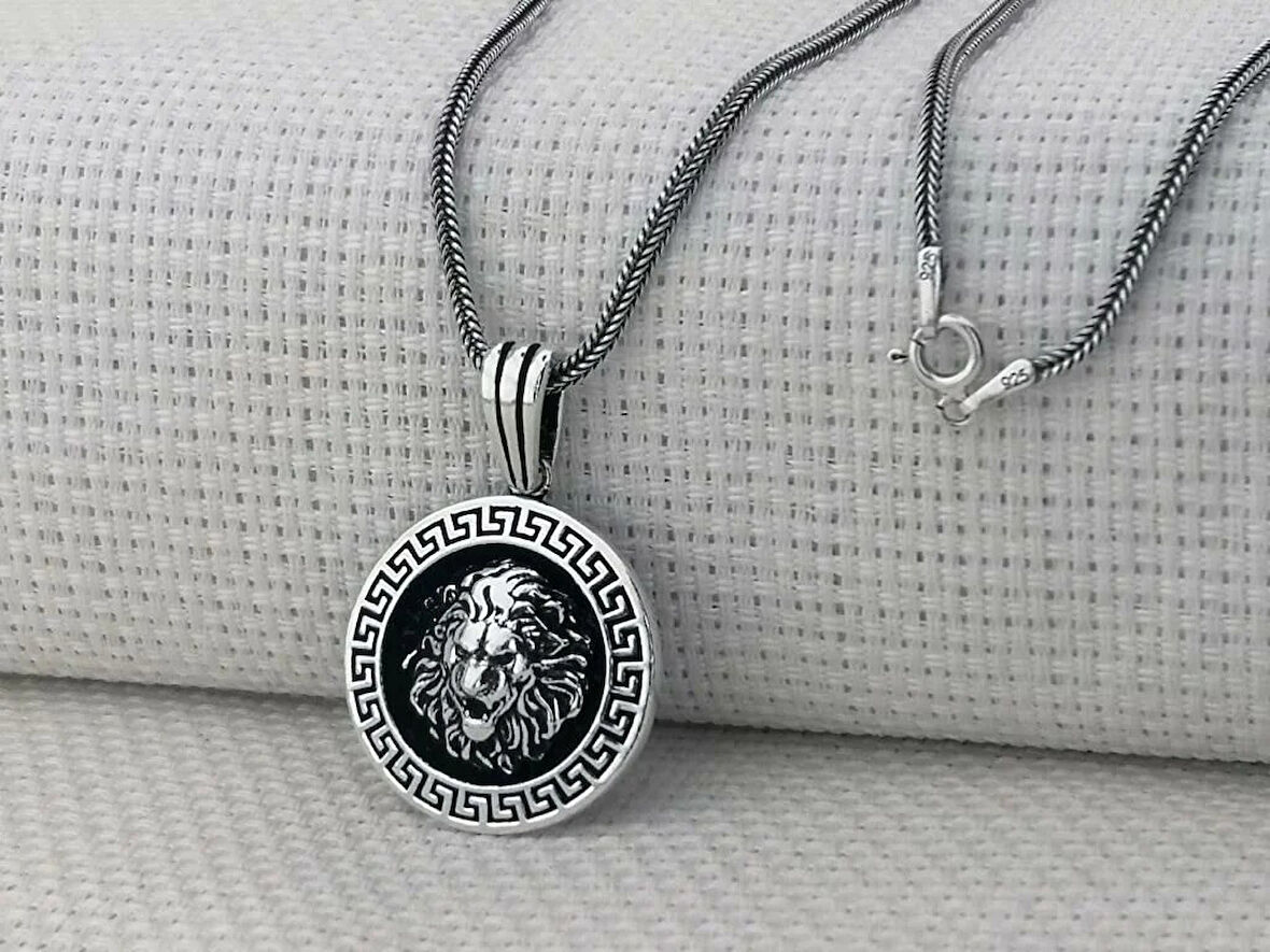 Aslan Figürlü Kral Zincirli Yuvarlak 925 Ayar Gümüş Erkek Kolye