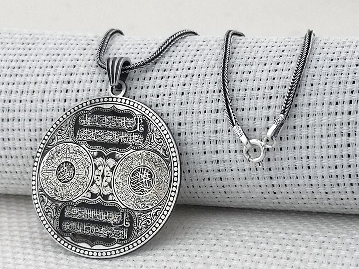 Nas Felak İnşirah Sureleri Koruma duaları Yazılı 925 Ayar Gümüş Erkek Kolye