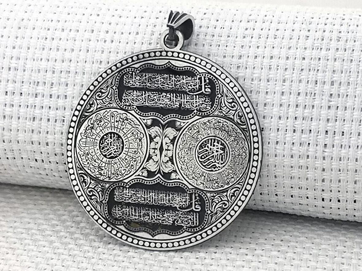 Nas Felak İnşirah Sureleri Koruma duaları Yazılı 925 Ayar Gümüş Erkek Kolye Ucu