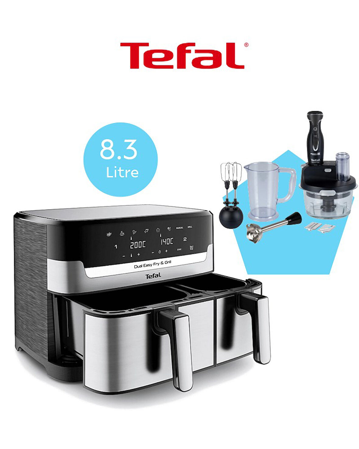 Tefal Çift Hazneli Easy Fry & Grill Dual Yağsız 8.3 Litre Fritöz ve Tefal 1500W Cam Hazneli robot