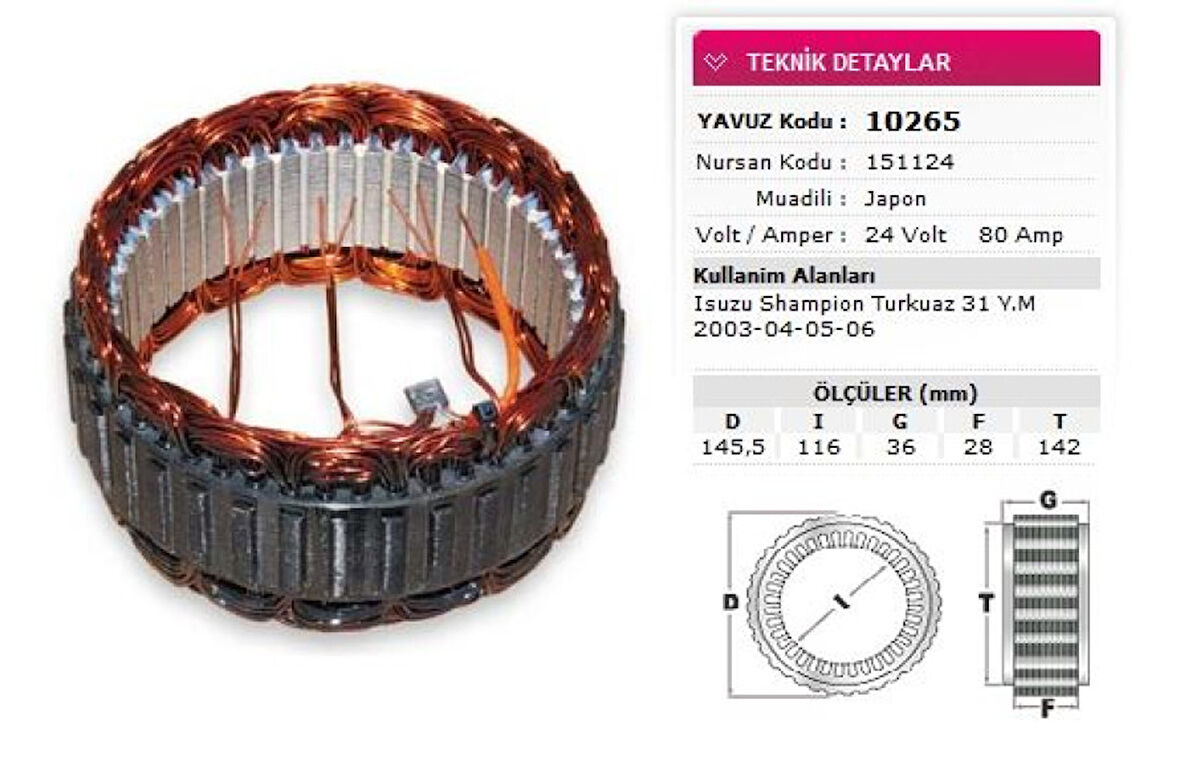 İsuzu Ticarı Alternator Stator Mitsubıshı Tip 24v 80a İsuzu Champıon Turkuaz 31 Ym 2003 04 05 06 Nursan 151124 - Yavuz 10 265