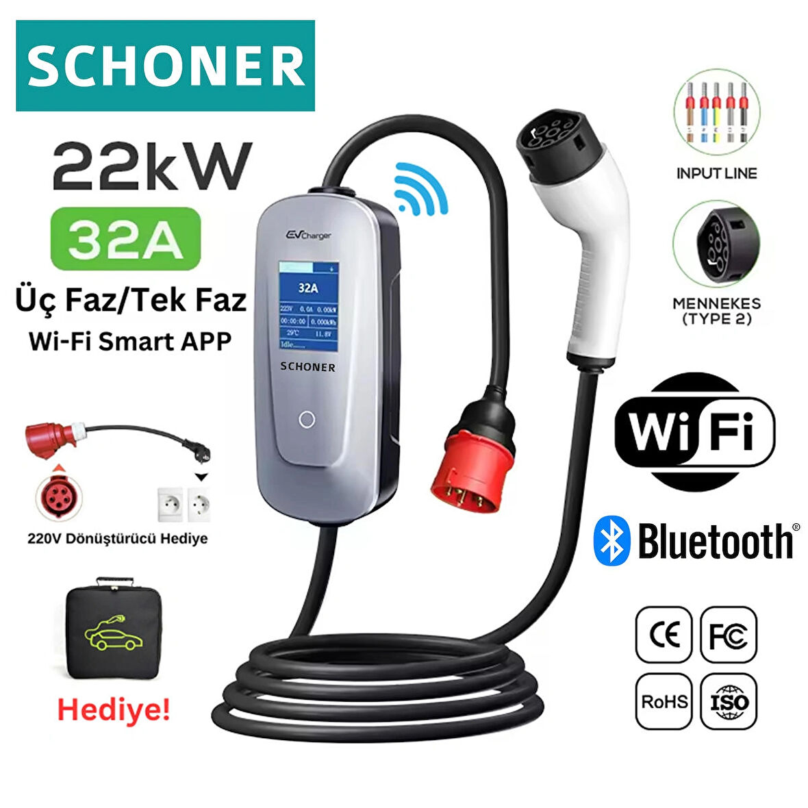 Schoner 22KW Taşınabilir Elektrikli Araç Şarj Istasyonu Wi-Fi / Bluetooth Smart 5 Metre Tip2 Kablolu Trifaz/monofaz 32A