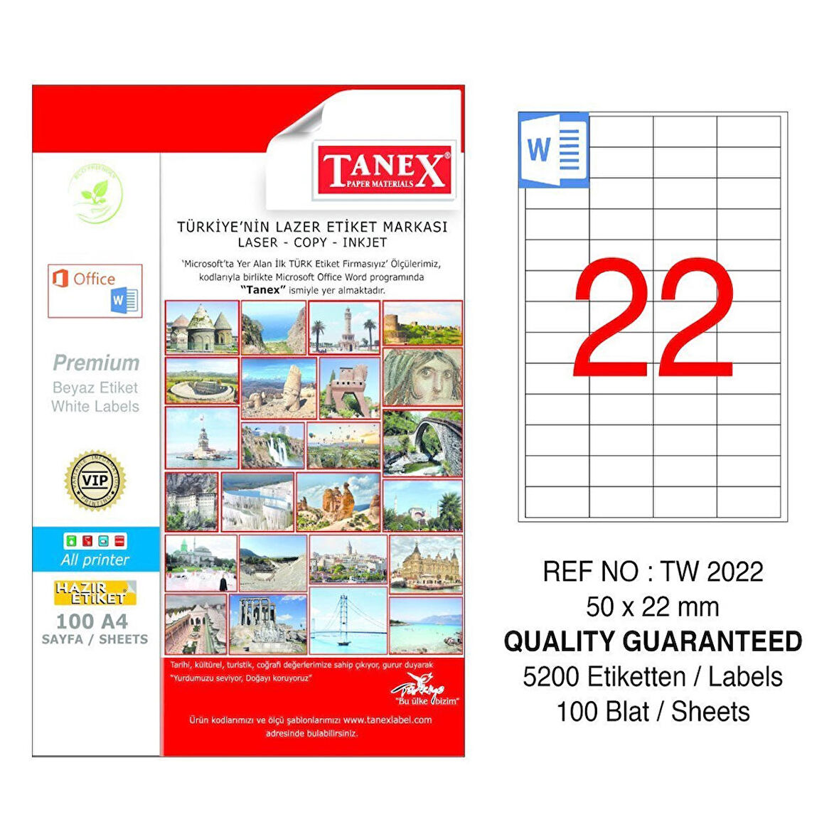 Tanex 50X22 mm. Laser Etiket 100 Adet TW-2022