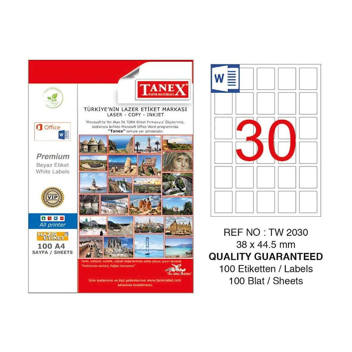 Tanex 38X44,5 mm. Laser Etiket 100 Adet TW-2030