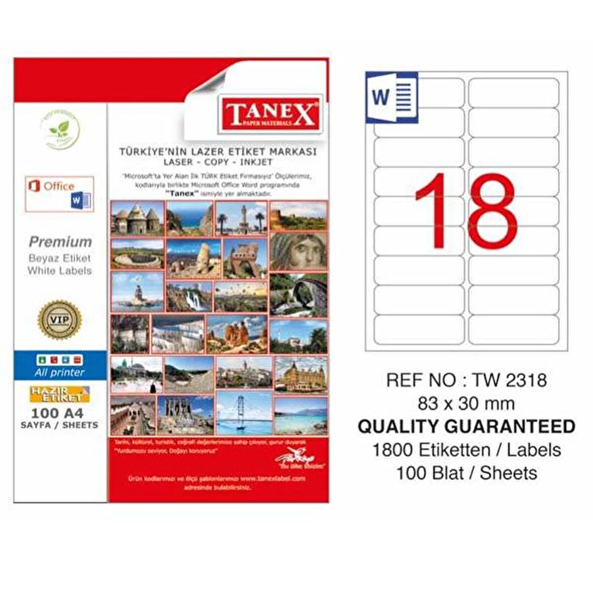 Tanex Lazer Etiket 100 YP 83x30 Laser-Copy-Inkjet TW-2318