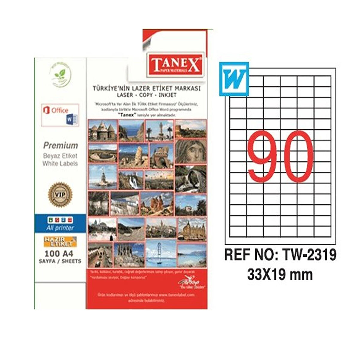 Tanex 33X19 mm. Laser Etiket 100 Adet TW-2319