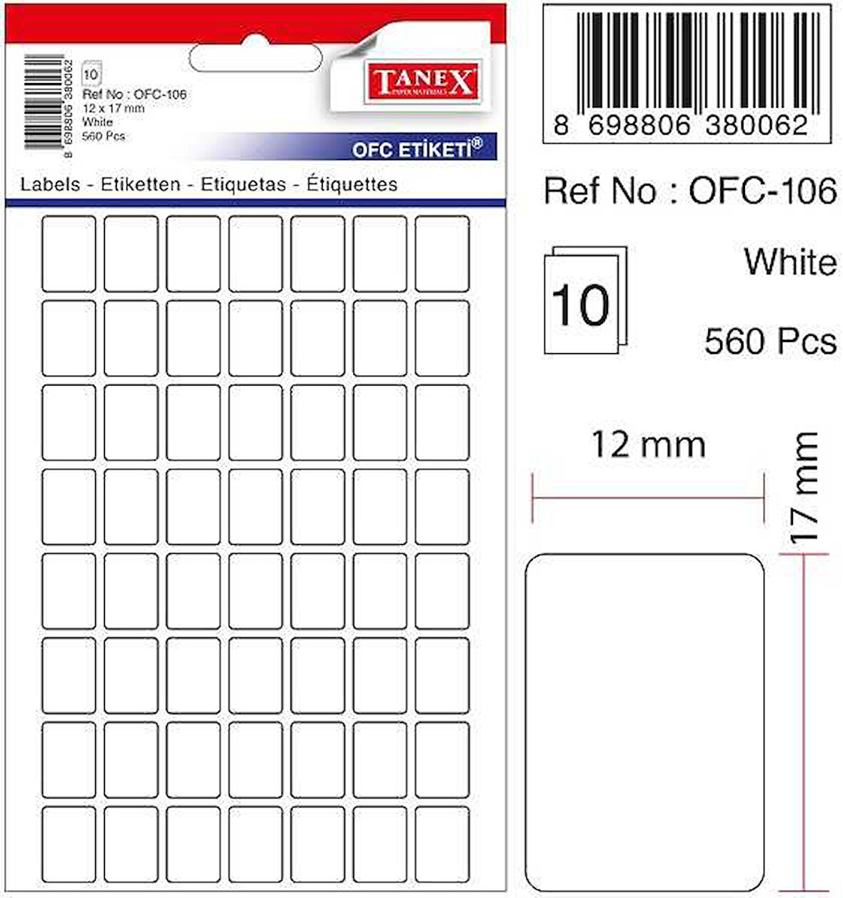 Tanex Etiket Ofc-106 12X17 10Lu Beyaz - 5 paket