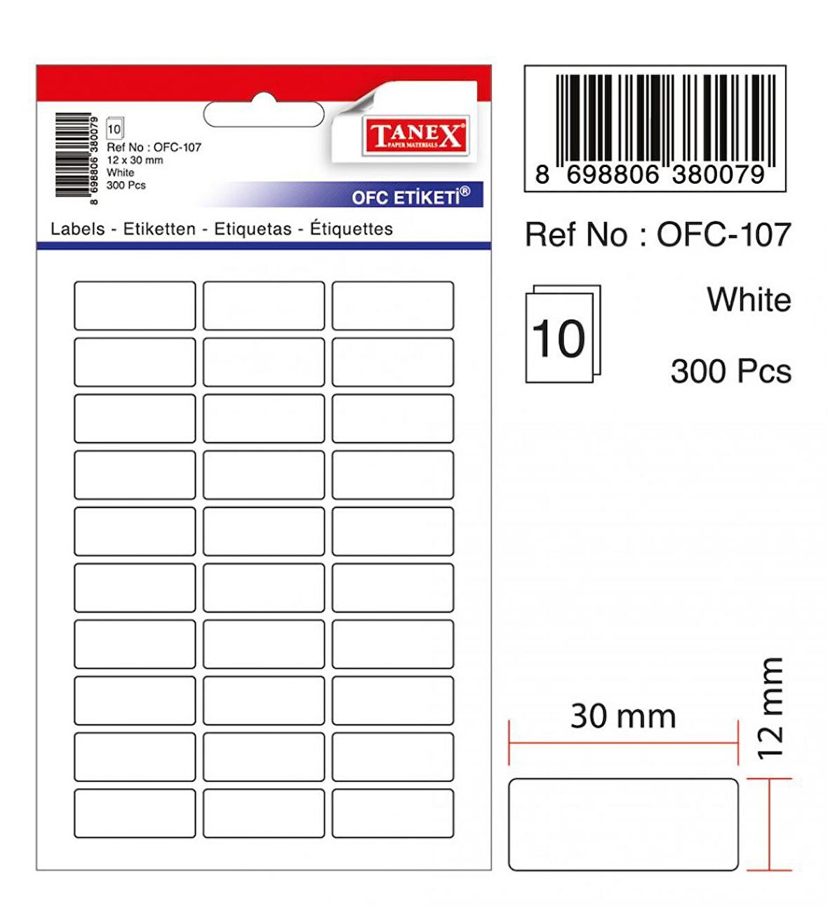 Tanex Beyaz Etiket Ölçü : 30×12 Mm  Ofc-107