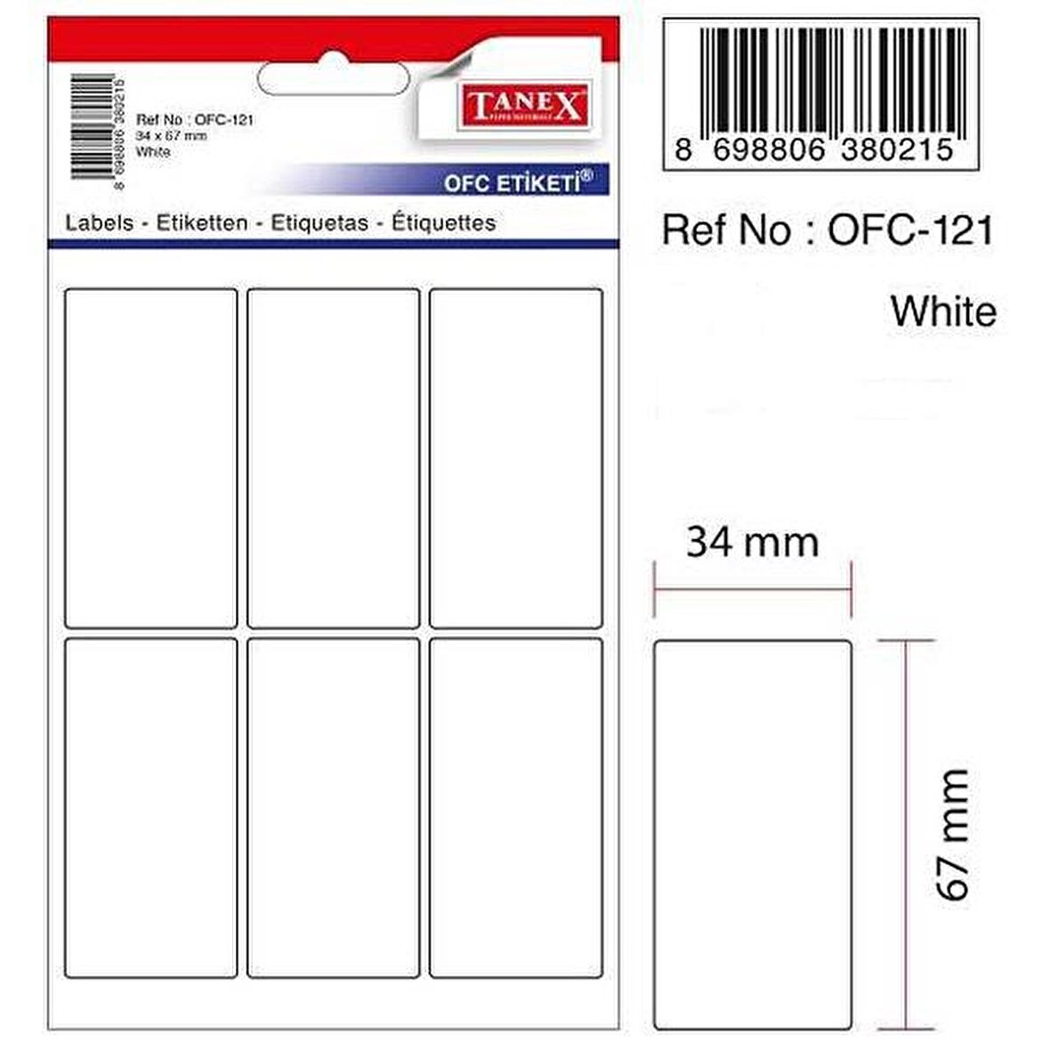 Tanex Ofis Etiketİ Poşetli 34x67 MM Beyaz OFC-121