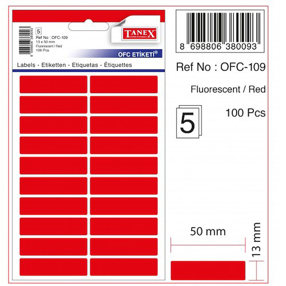 Tanex Etiket Ofc-109 13X50Mm Kırmızı 10 lu 2 paket