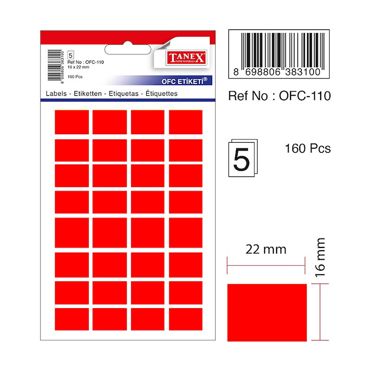 Tanex Etiket Ofc-110 16X22Mm Kırmızı 10 lu 2 paket