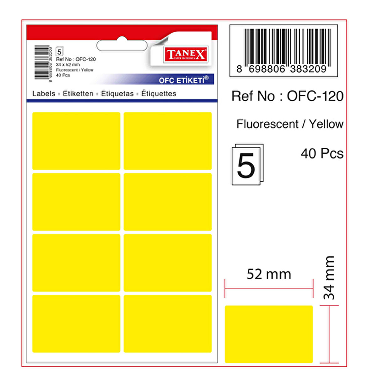 Tanex Ofis Etiketi Poşetli 34x55 Mm Fosforlu Sarı Ofc-120