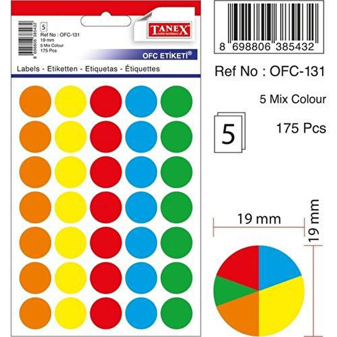 Tanex Ofc-131 Mix Color Yuvarlak Ofis Etiketi 19 Mm 5 Syf-175 Adt