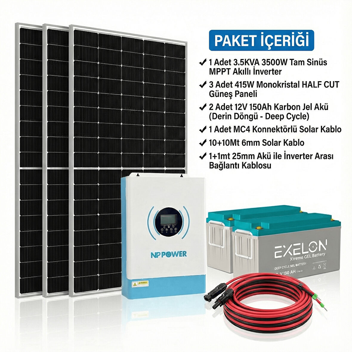 VeraTech Solar Enerji Bahçe Evi Paketi 3KVA İnverter 1250W Güneş Paneli 300AH Jel Akü