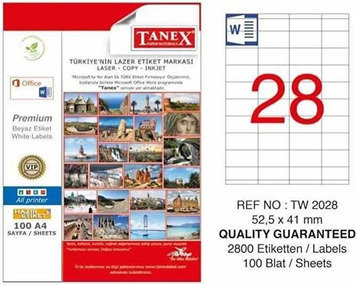 Tanex Etiket A4 Laser 52.5 mm X 41 mm TW-2028 1 A4 Sayfada 28 Etiket