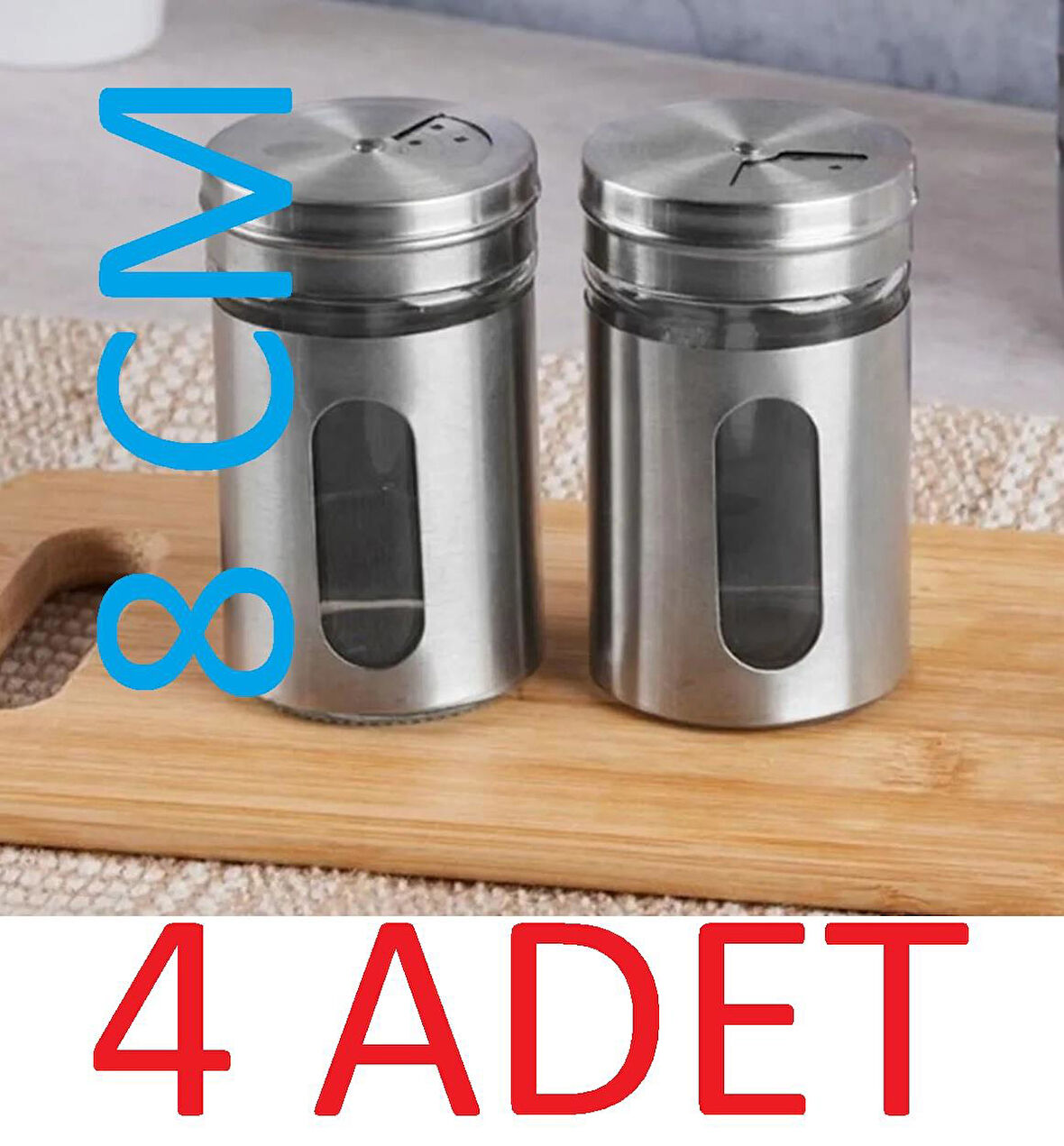 Baharatlık Tuzluk Karabiberlik 3 Ayarlı Başlık, Cam Metal Kaplamalı 4 Adet 8 x 5 Cm 100 ml