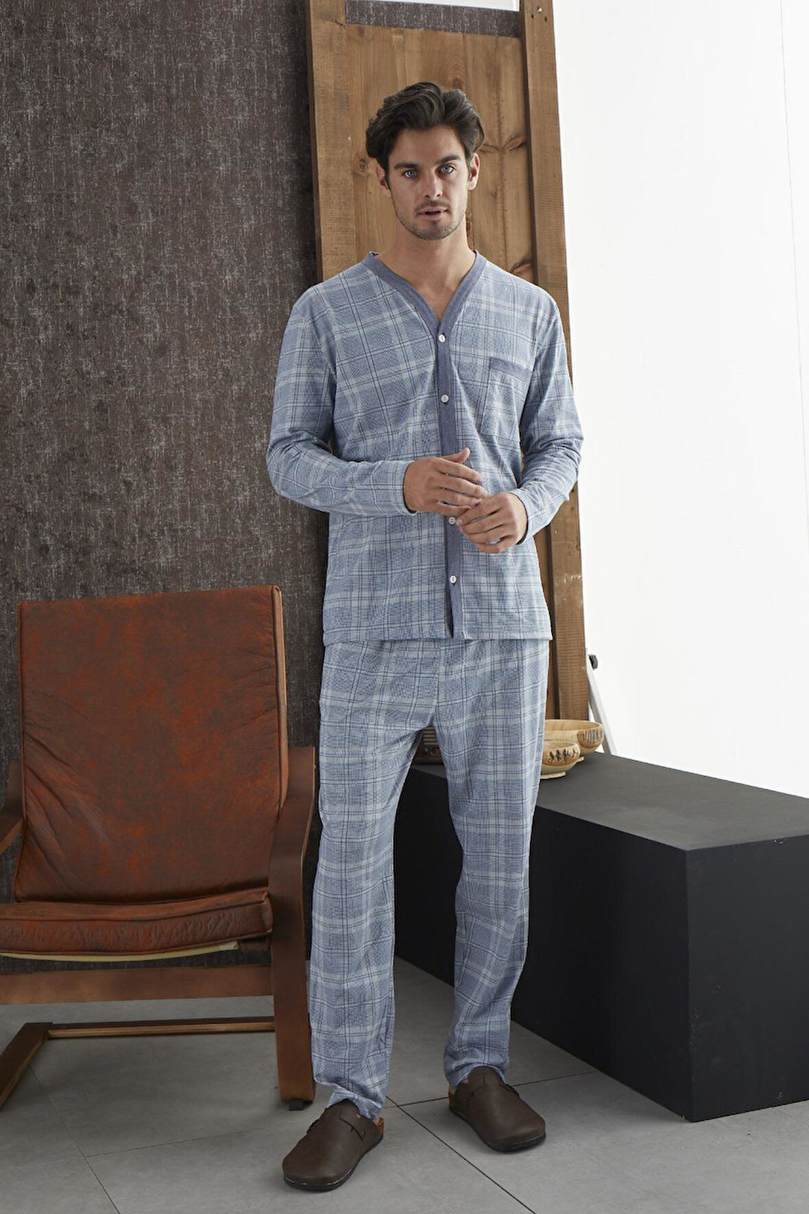 Pijamood 8827 Mavi Pamuklu Erkek Pijama Takımı