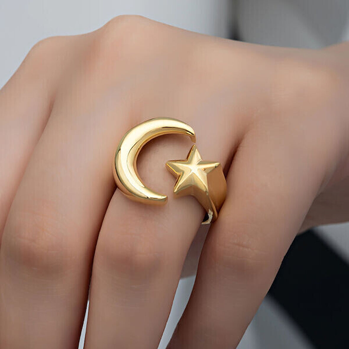 Ay Yıldız Ayarlanabilen Gold 925 Ayar Gümüş  Kadın Yüzük