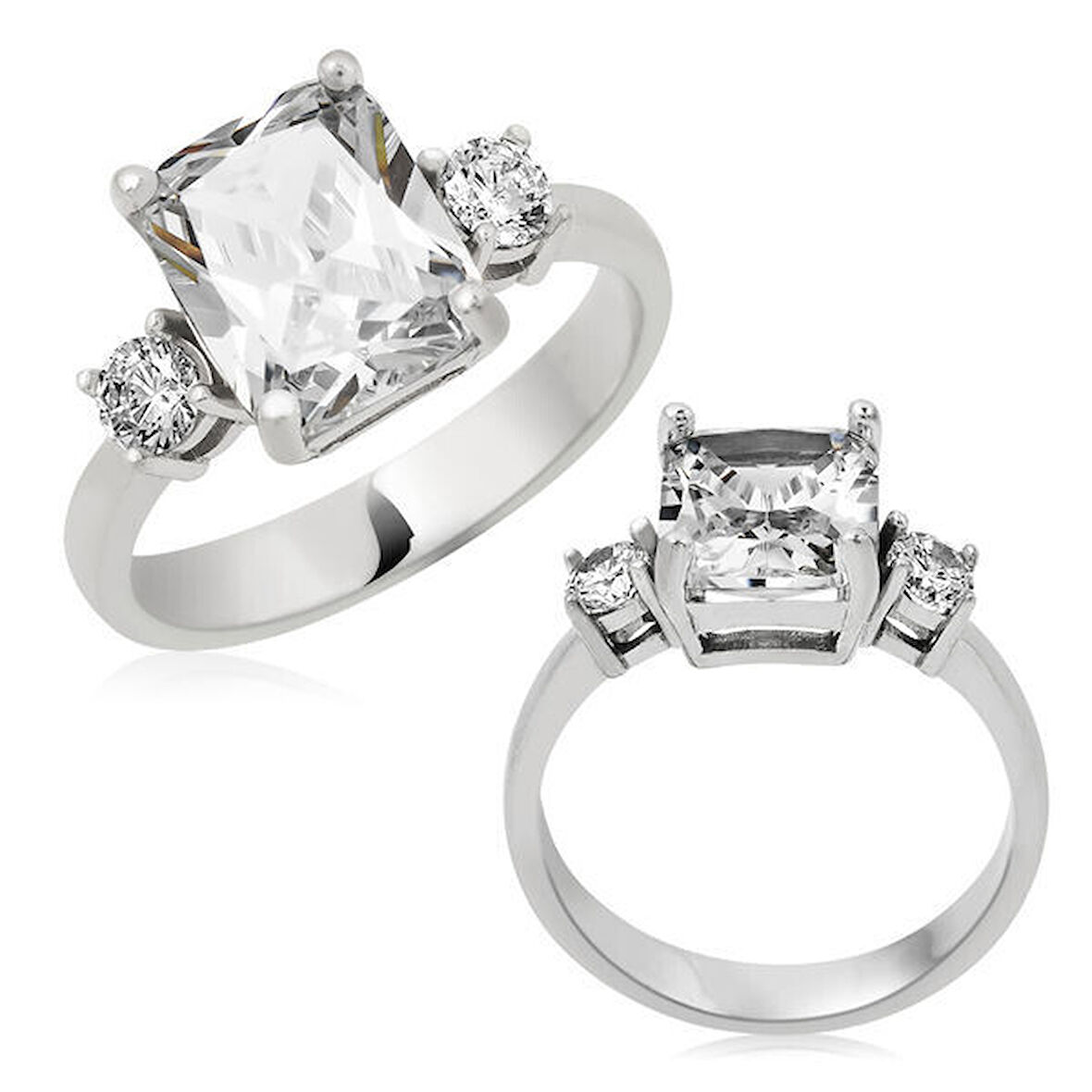 Üç Taş Kare Montur 925 Ayar Gümüş Kadın Yüzük