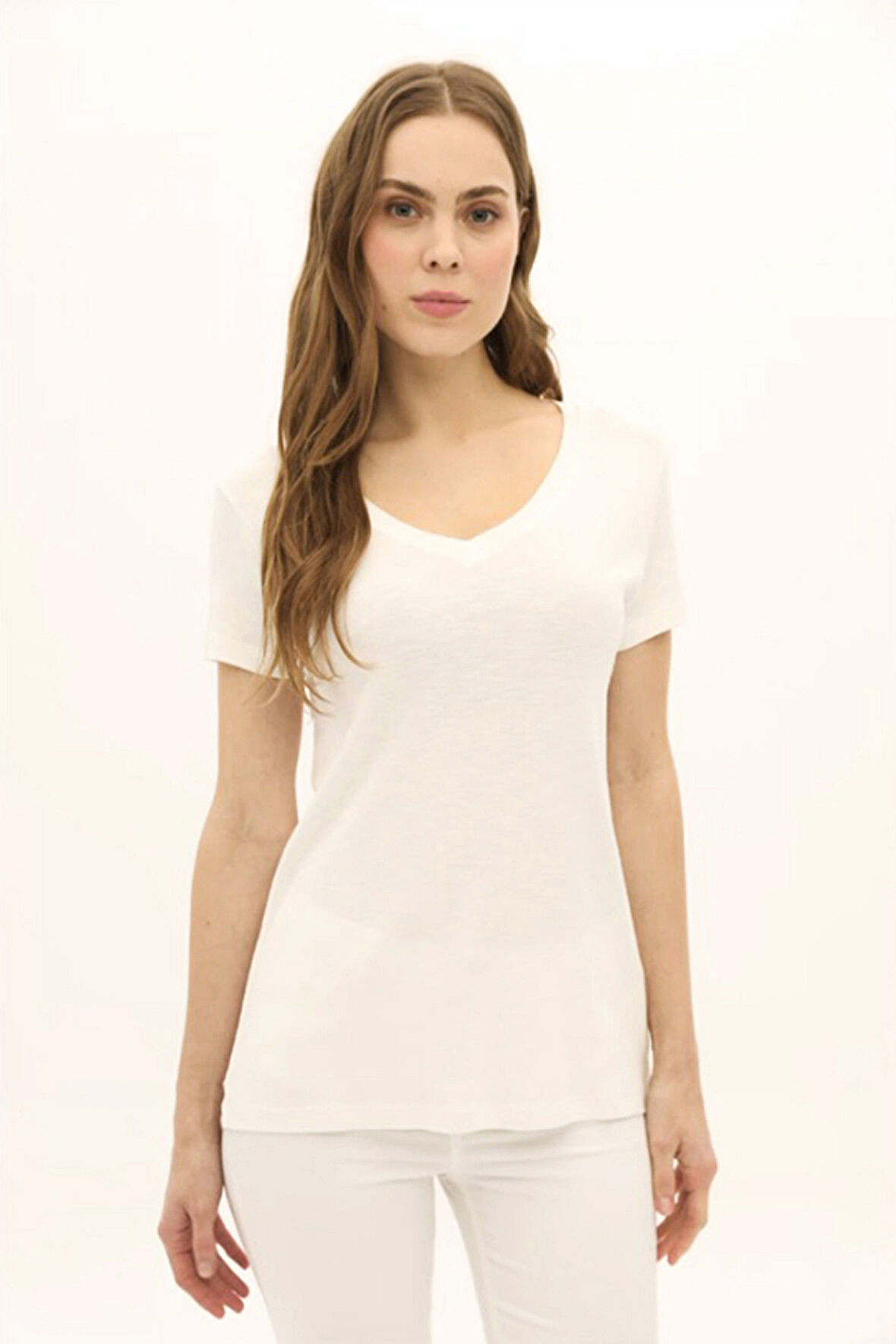 Daido Kadın V Yaka Kısa Kollu Pamuklu Basic T-Shirt 5982 Ekru