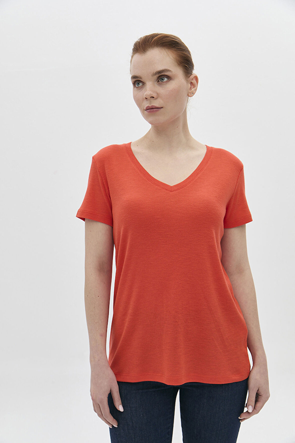Daido Kadın V Yaka Kısa Kollu Pamuklu Basic T-Shirt 5982 Nar Çiçeği