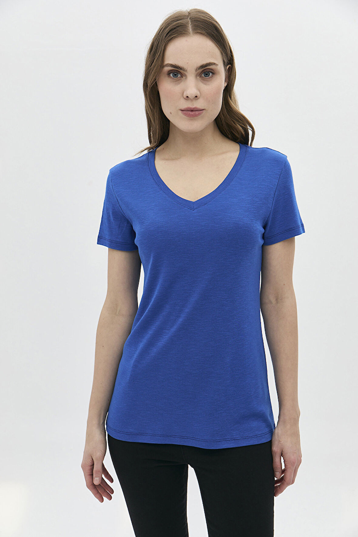 Daido Kadın V Yaka Kısa Kollu Pamuklu Basic T-Shirt 5982 Saks