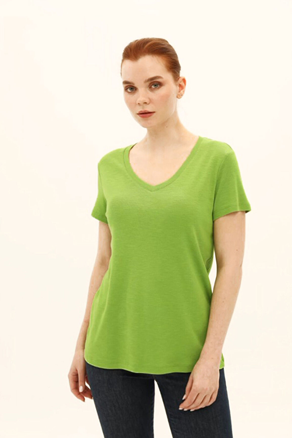 Daido Kadın V Yaka Kısa Kollu Pamuklu Basic T-Shirt 5982 Yeşil