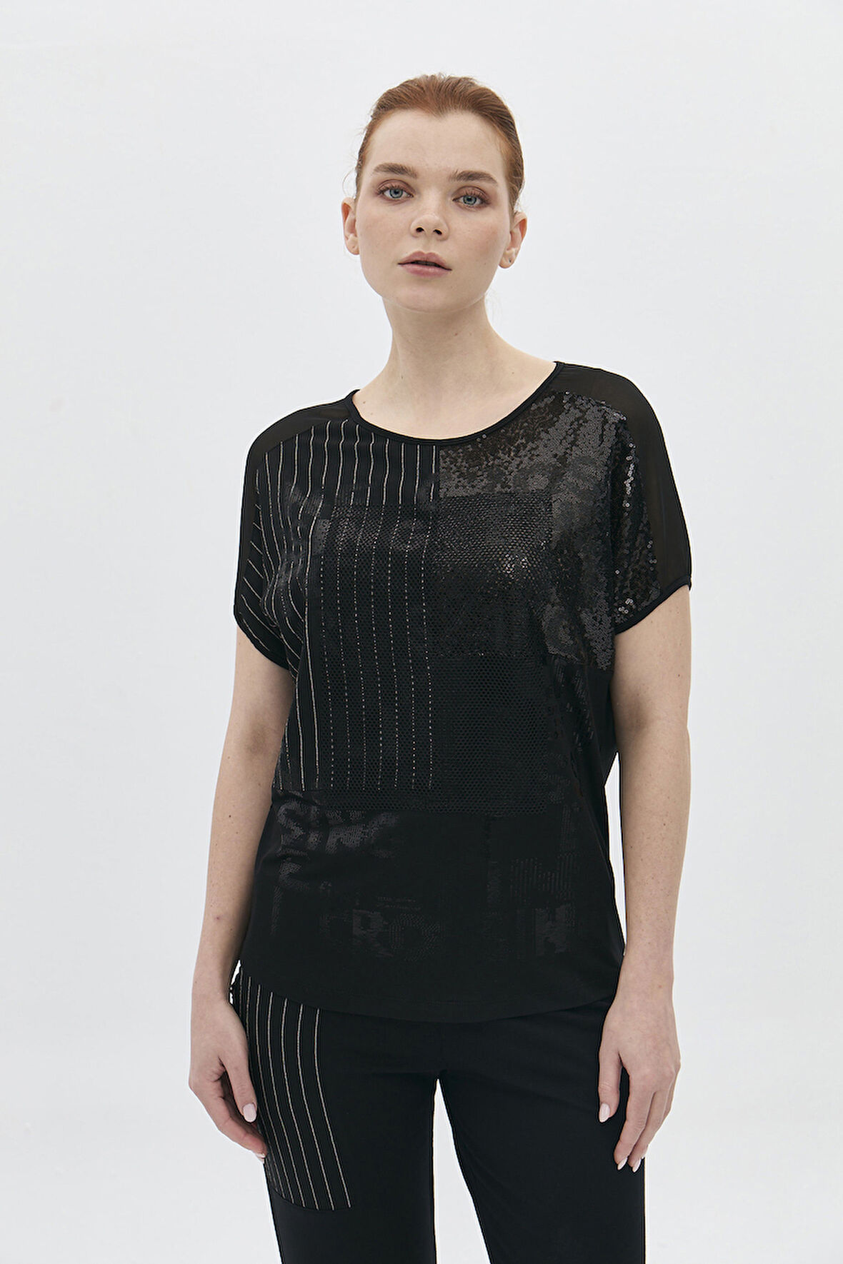 Daido Kadın Önü File ve Payet Detaylı Bisiklet Yaka Bluz 5811 Siyah