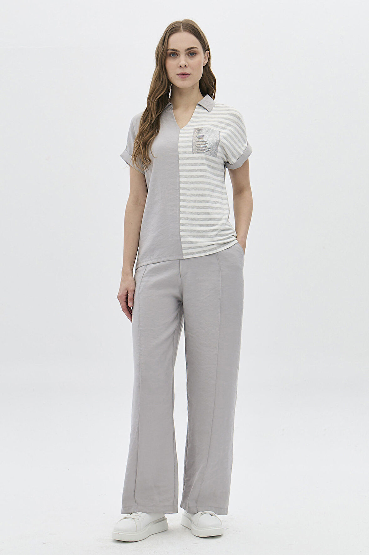 Daido Kadın Beli Lastikli Bol Paça Yan Cepli Pantolon 3812 Gri