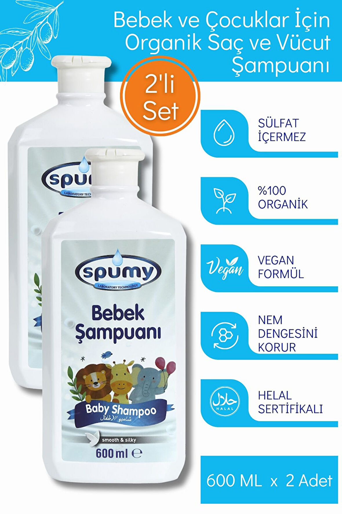 Organik Sertifikalı 2'li Hassas Saç Ve Vücut Bebek Şampuanı - 600 ml x 2