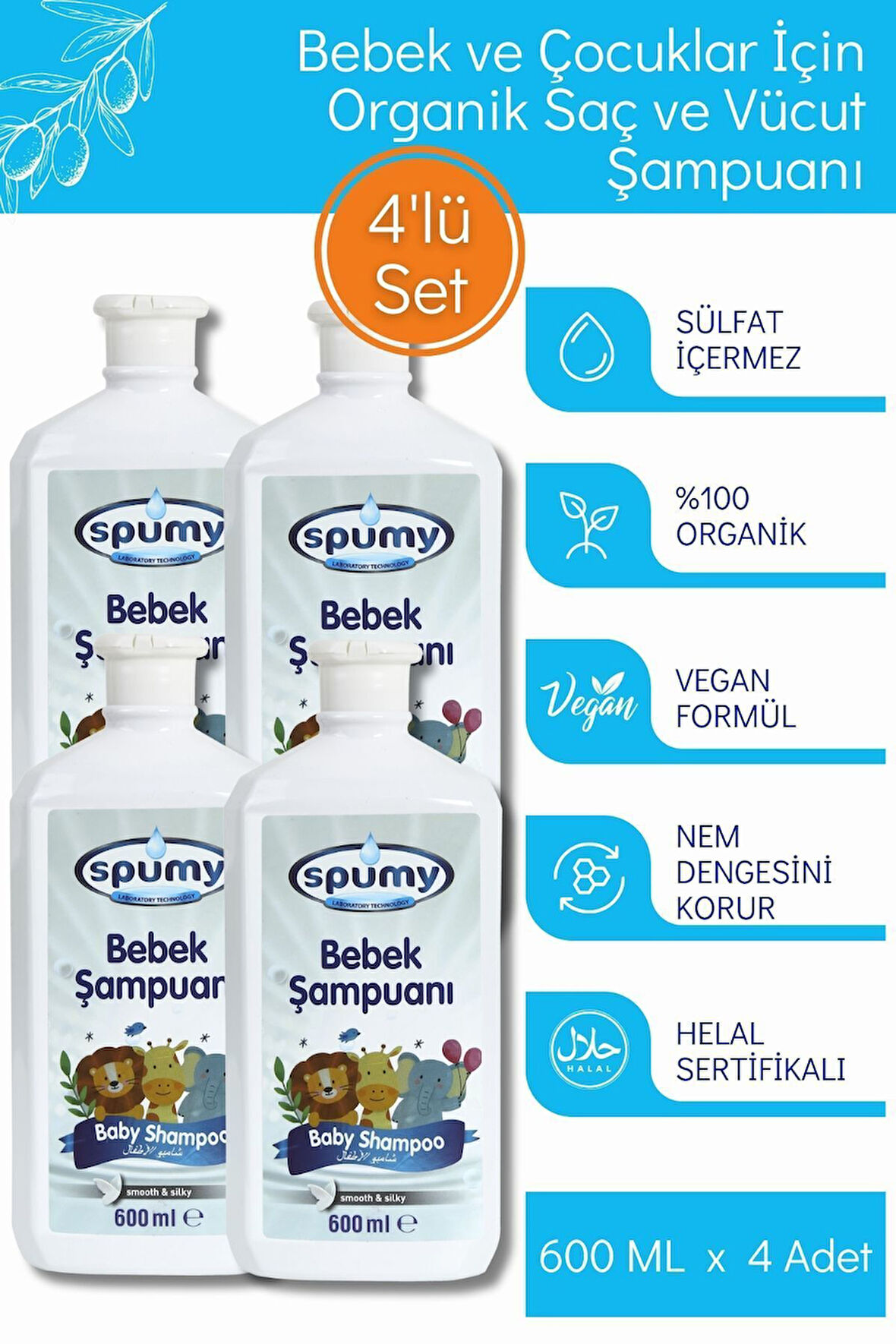 Organik Sertifikalı 4'lü Hassas Saç Ve Vücut Bebek Şampuanı - 600 ml x 4