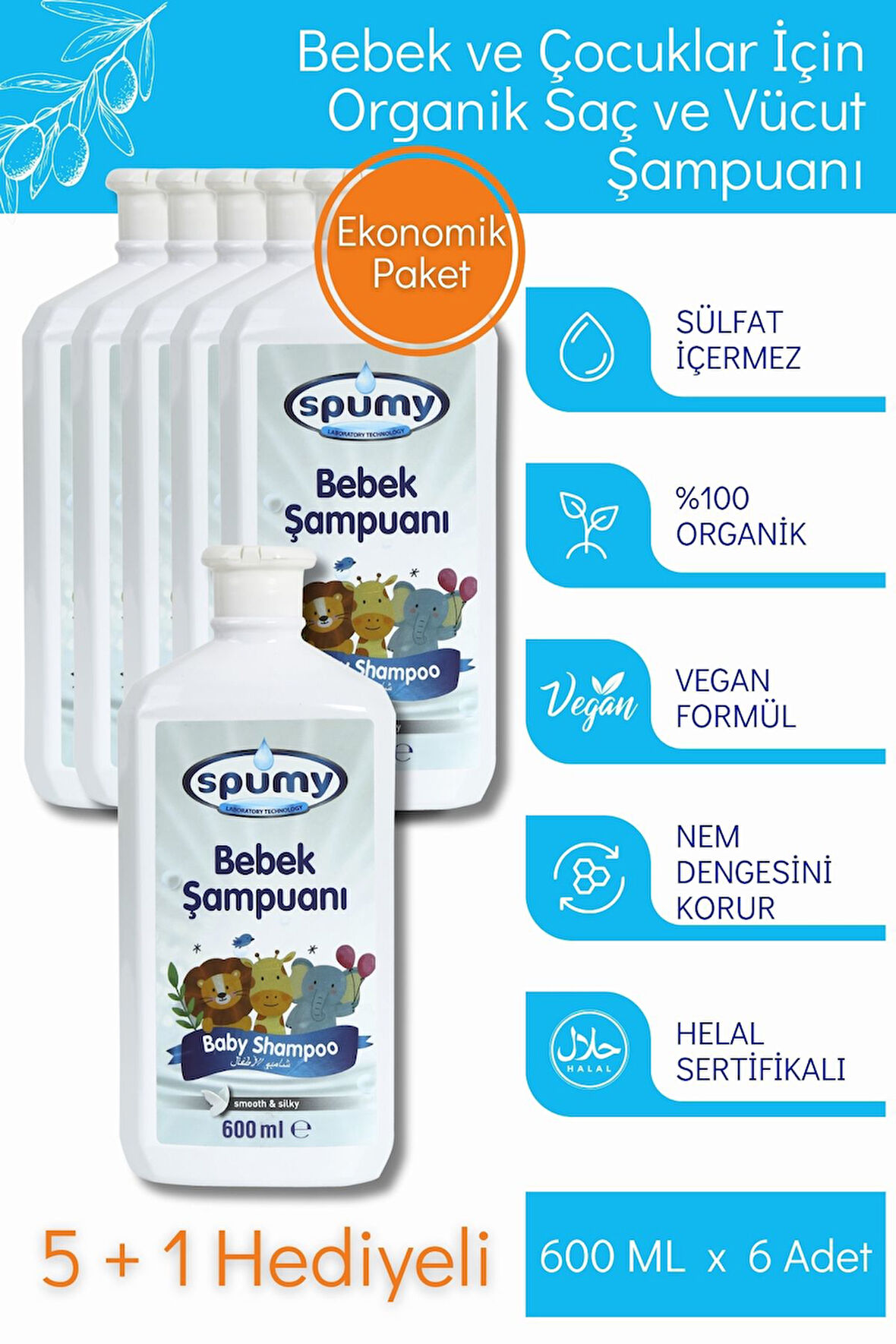 Organik Sertifikalı 5+1 Hassas Saç Ve Vücut Bebek Şampuanı Ekonomik Paket- 600 ml x 6