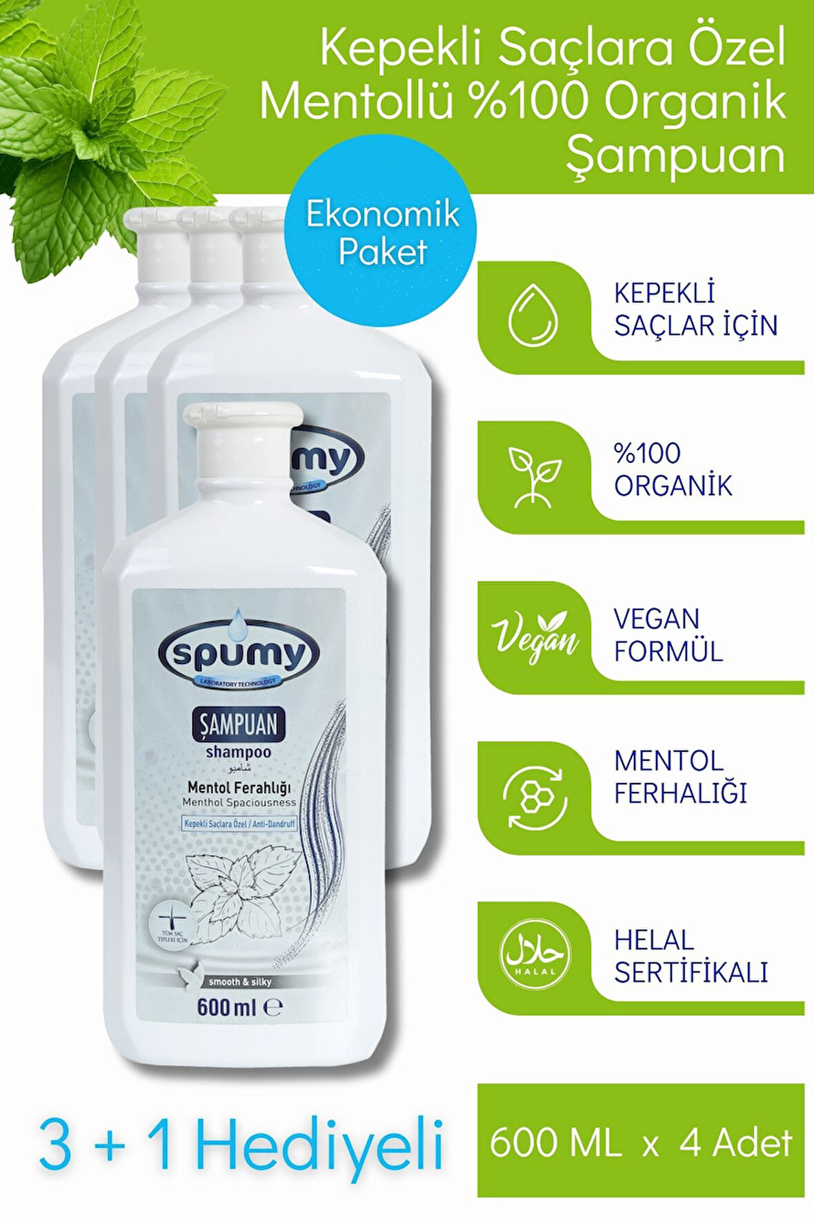 Mentol Ferahlığı Kepekli Saçlara Özel 3+1 Organik Şampuan - 600 ml x 4