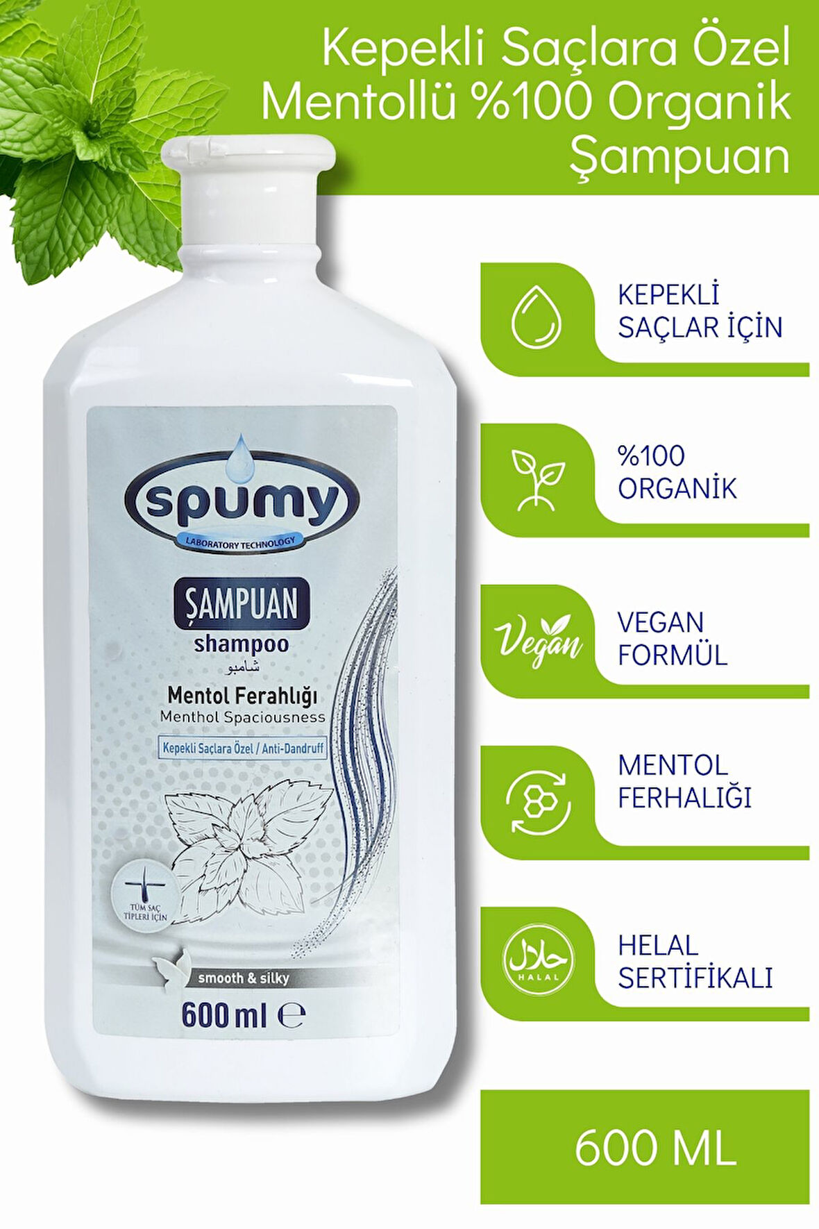 Mentol Ferahlığı Kepekli Saçlara Özel Organik Şampuan - 600 ml