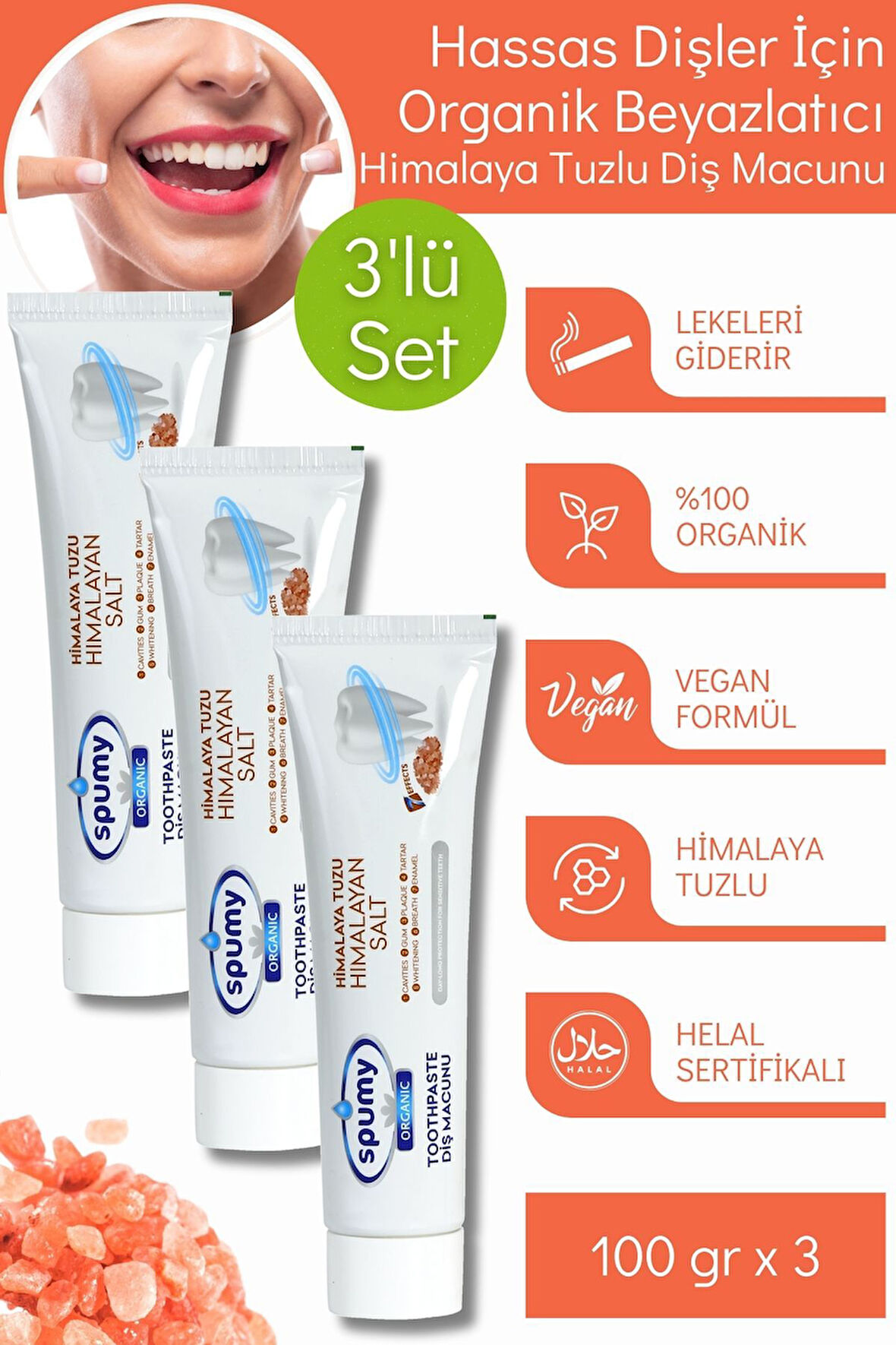 Hassas Dişler için Organik Beyazlatıcı Himalaya Tuzlu 3'lü Diş Macunu - 100 gr x 3