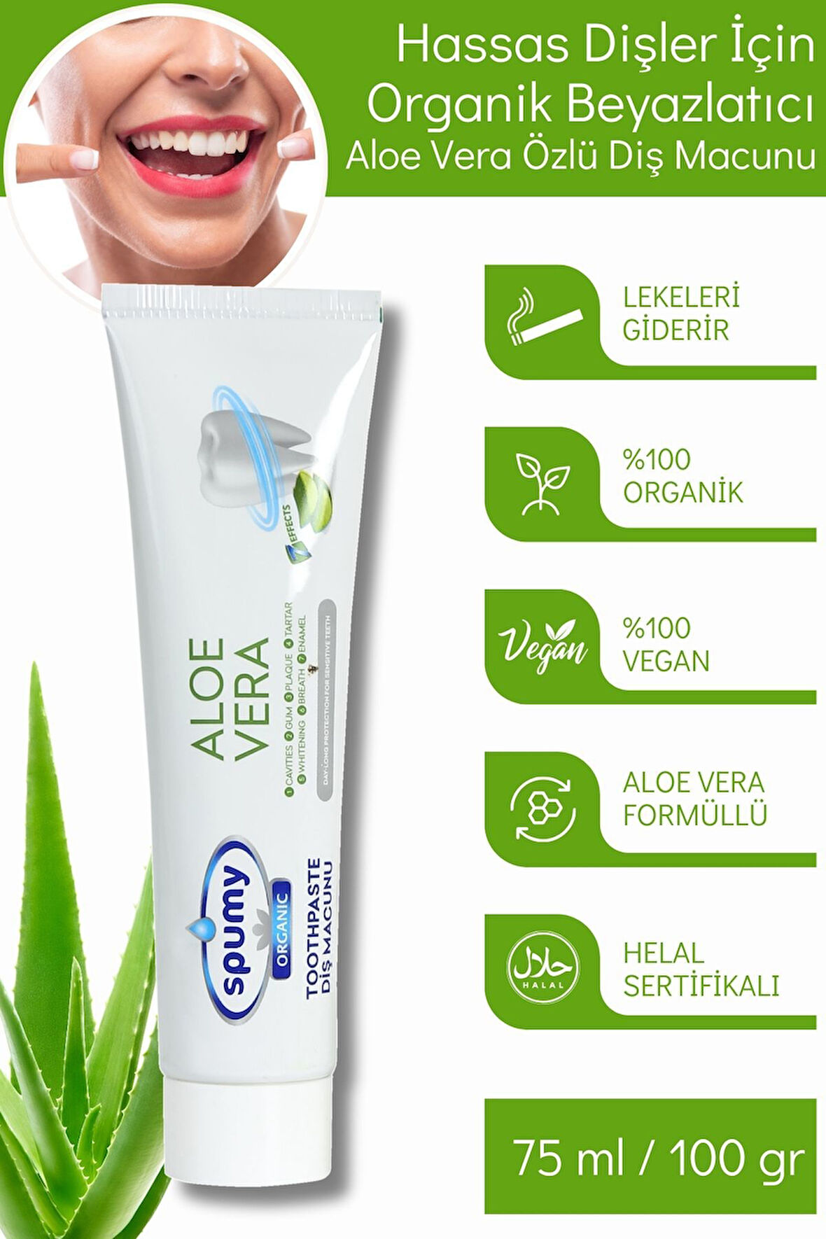 Hassas Dişler Için Organik Beyazlatıcı Aloe Vera Özlü Diş Macunu - 100 gr