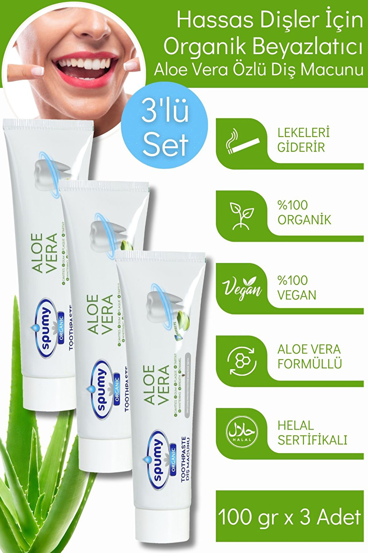 Hassas Dişler için Organik Beyazlatıcı Aloe Vera Özlü 3'lü Diş Macunu - 100 gr x3