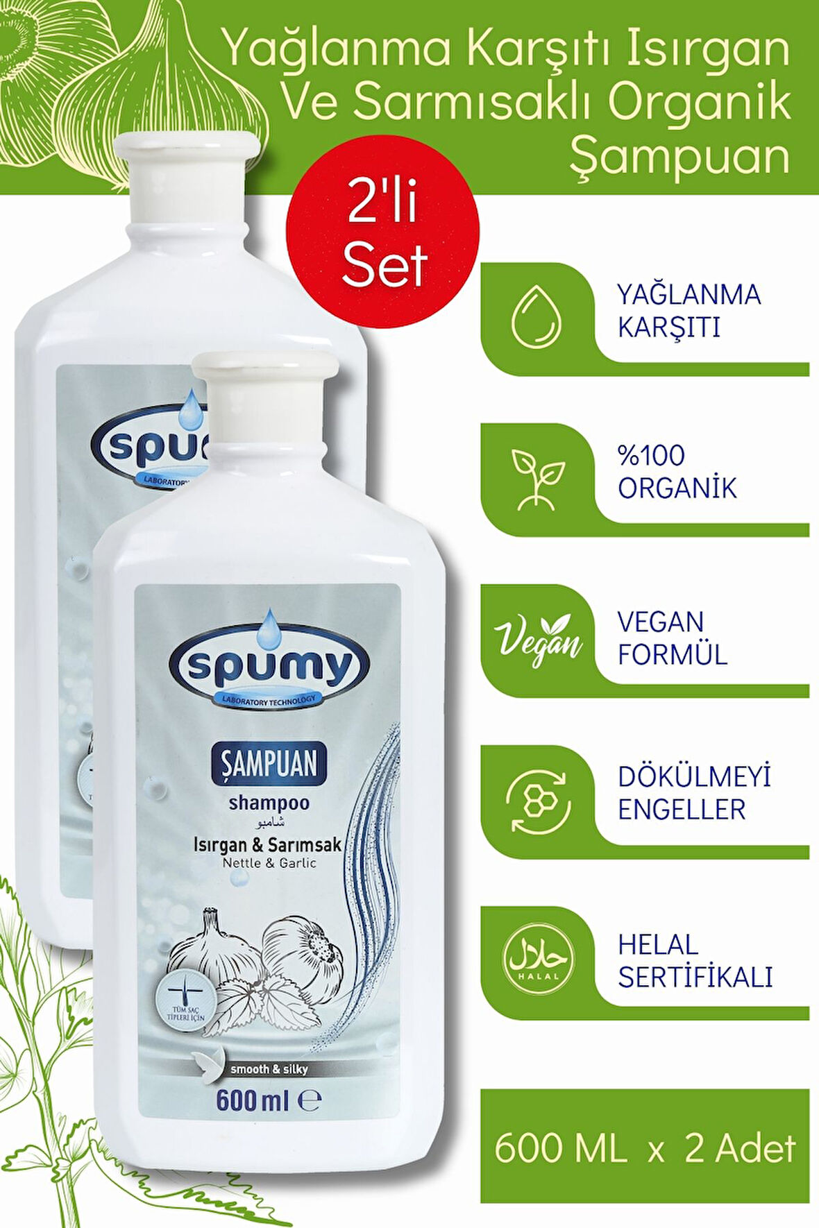 Yağlanma ve Dökülme Karşıtı Isırgan Ve Sarmısaklı 2'li Organik Şampuan - 600 ML x 2