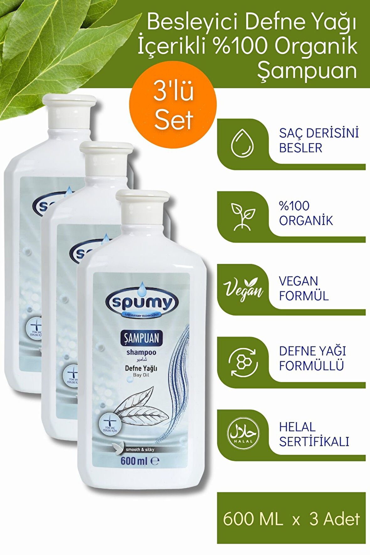 Besleyici Defne Yağı İçerikli 3'lü %100 Organik Şampuan - 600 ml x 3