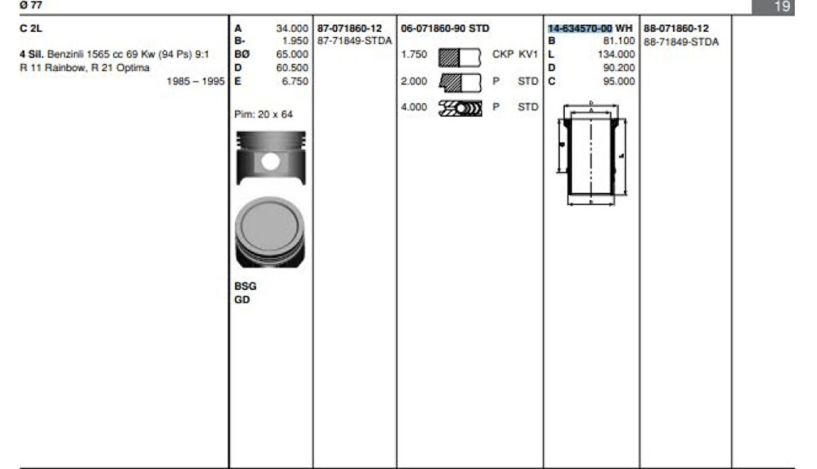 Renault Eski Motor Gomlek R21 Optıma Faırway R9 1,6 (77,00mm) / (std) - Goetze 46345700g