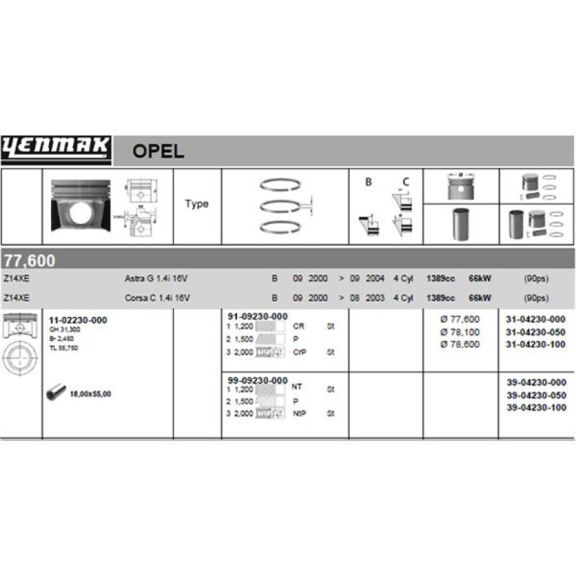 Opel Motor Piston Segman Komple 0,50 (78,10mm) Corsa C – Astra G – Z14xe - Yenmak 31-04230-050