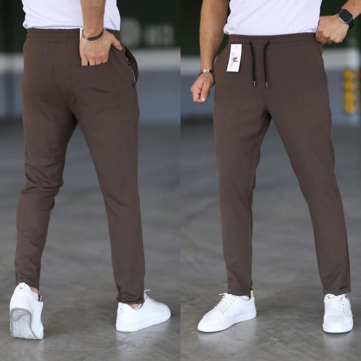 Erkek Kahverengi Slim Fit Rahat Kesim Beli Bağlamalı Yan Cepli Likralı Jogger Pantolon