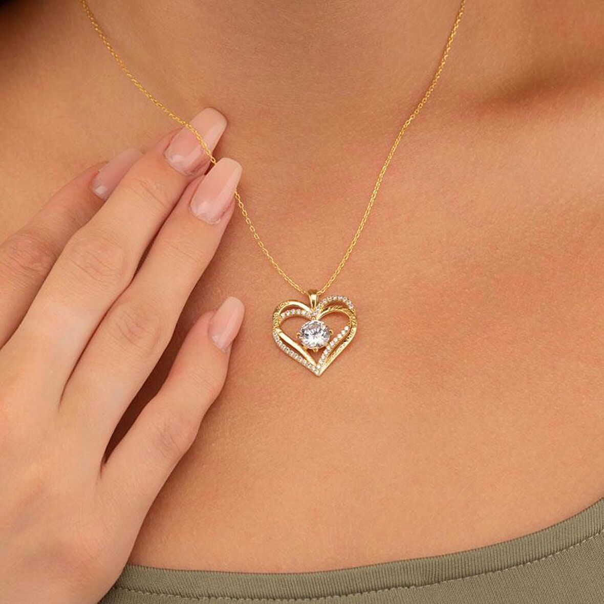 Gümüş Pazarım BeyazTaşlı Altın Kaplama Kalp Gümüş Kolye