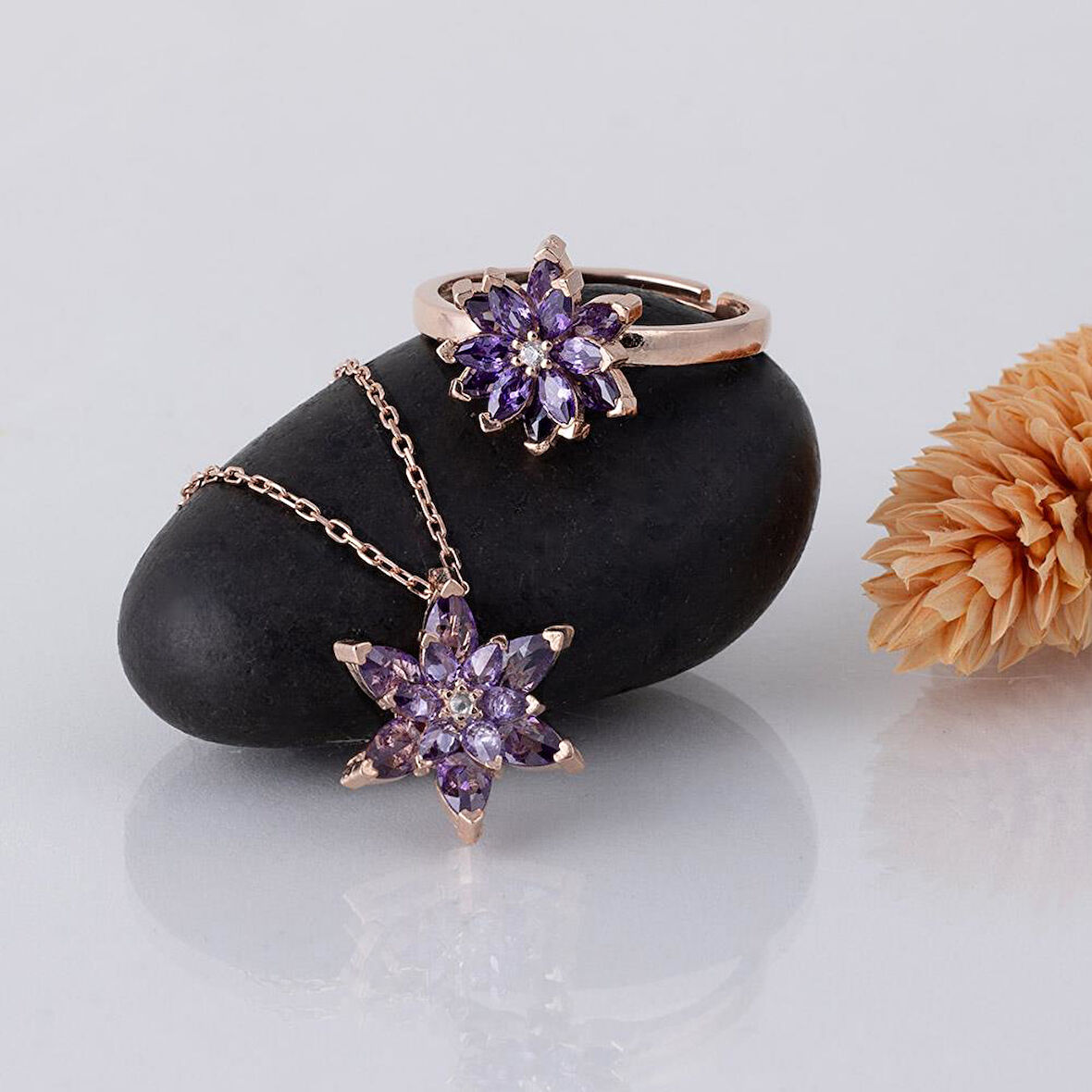 Gümüş Pazarım Ametist Taşlı Lotus Çiçeği Gümüş Kolye Yüzük Set