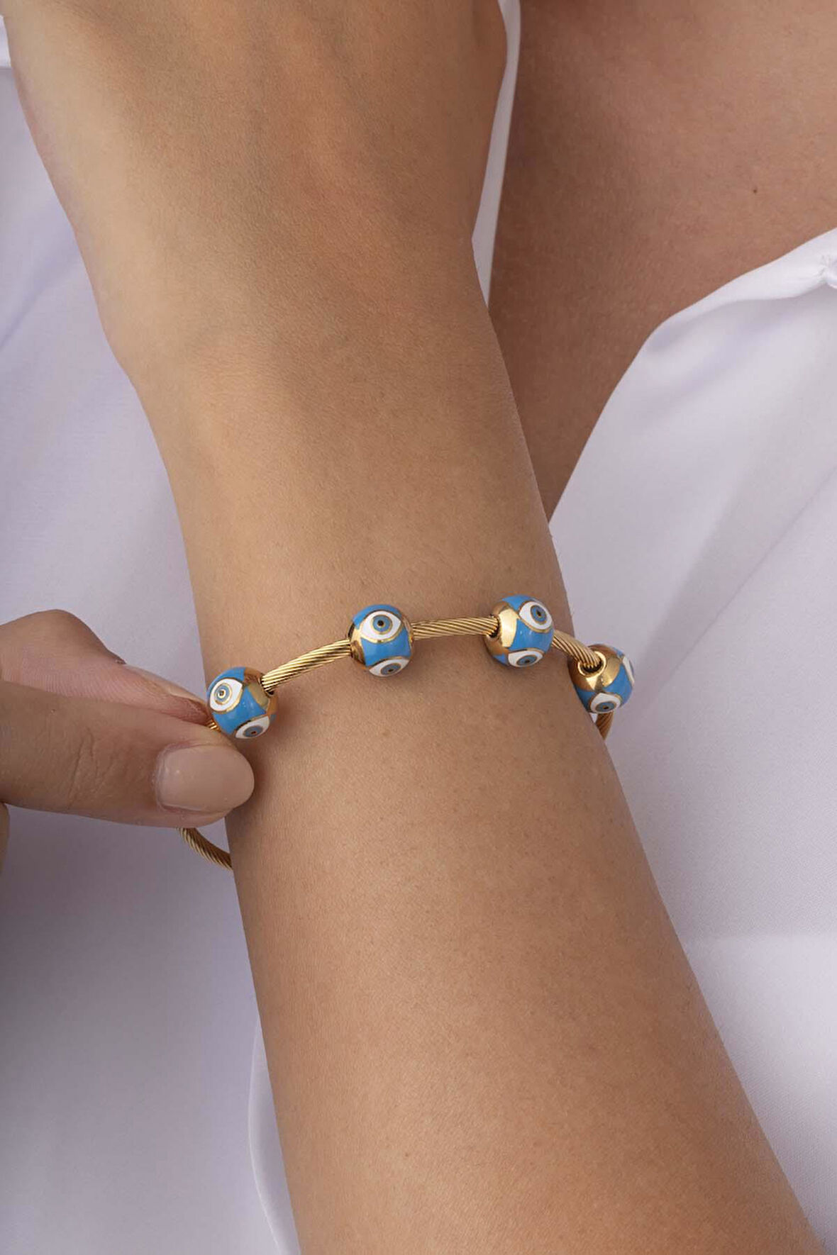 Mavi Göz Motifli Altın Kaplama Kadın Çelik Charm Bileklik