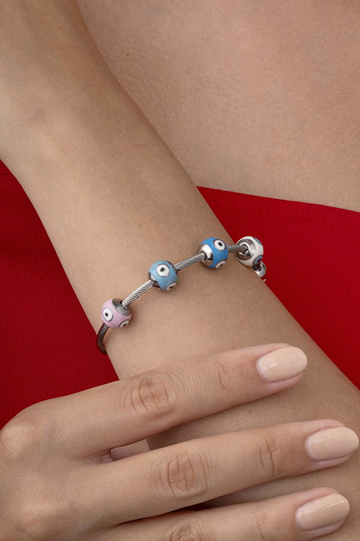 Renkli Göz Motifli Altın Kaplama Kadın Çelik Charm Bileklik