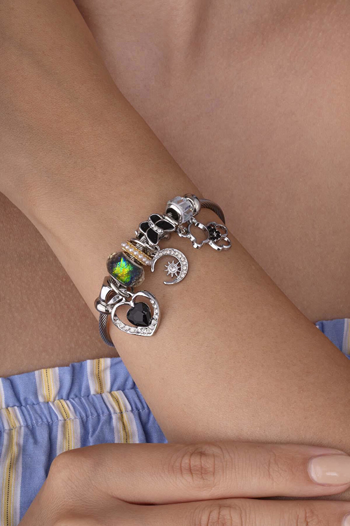 Ayıcık Kalp Kelebek Figürlü Beyaz Altın Kaplama Kadın Çelik Charm Bileklik