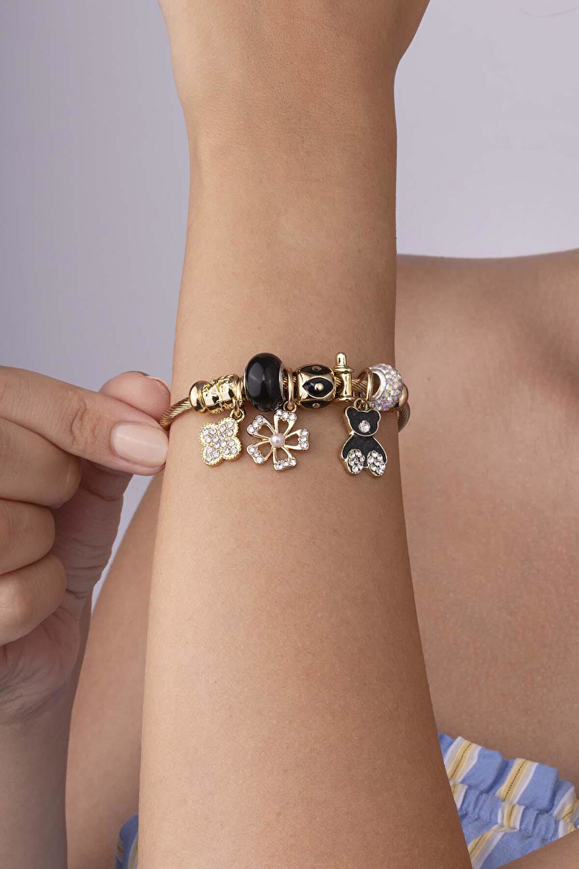 Panda Yonca Figürlü Altın Kaplama Çelik Kadın Charm Bileklik